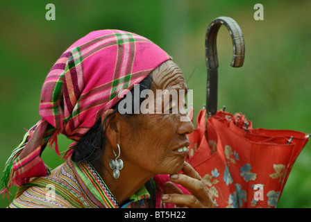 Vecchia donna dal fiore tribù Hmong in Vietnam del nord Foto Stock