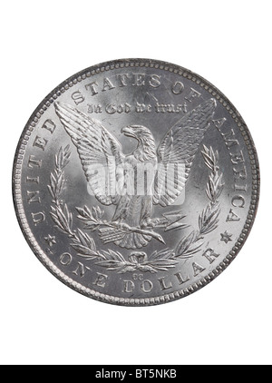 Inversione della Morgan Silver Dollar da Carson City Mint, su sfondo bianco. Foto Stock