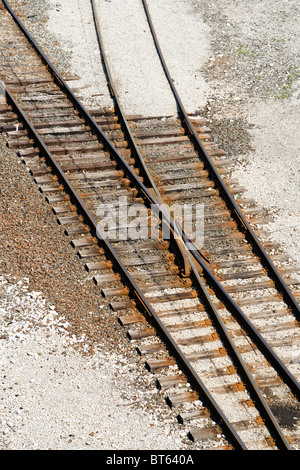 Ferrovia affluenza tracce di commutazione in un cantiere ferroviario in West Virginia, USA su una soleggiata giornata estiva. Foto Stock