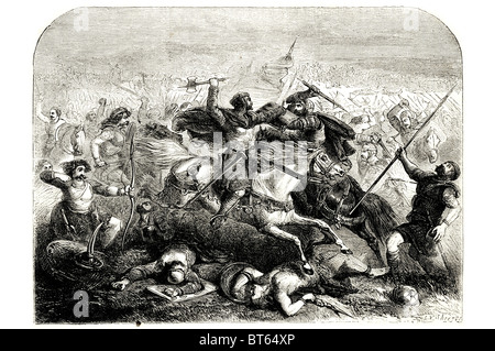 King Arthur sconfiggendo i sassoni cavallo di battaglia ax britannici sconfigge Saxon Mons Badonicus nel 516 d.c. (Inglese Mount Badon, Gallese Mynyd Foto Stock