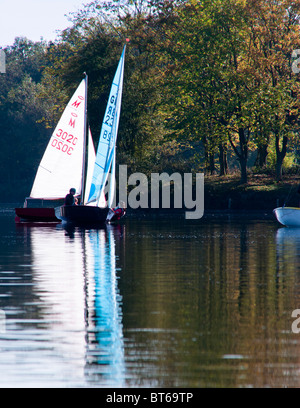 Barca a vela sulla freccia valley lake country park in autunno, Louisville, West Midlands, England, Regno Unito Foto Stock