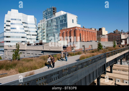 La linea alta elevata pubblico paesaggistici passerella costruita sul vecchio viadotto ferroviario in Chelsea District di Manhattan a New York City Foto Stock