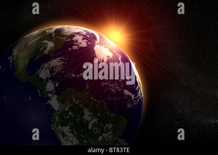 Paesaggio di spazio del sole che sorge dietro la messa a terra Foto Stock