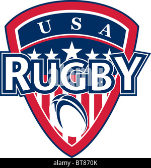 Illustrazione di un icona che mostra una protezione americana a stelle e strisce e palla da rugby con le parole 'rugby usa' Foto Stock