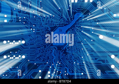 Tech elettronica industriale sfondo blu con albero di luce Foto Stock