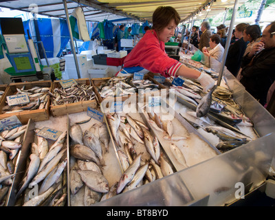 Pressione di stallo di pesce al mercato tradizionale a Bastille a Parigi Francia Foto Stock