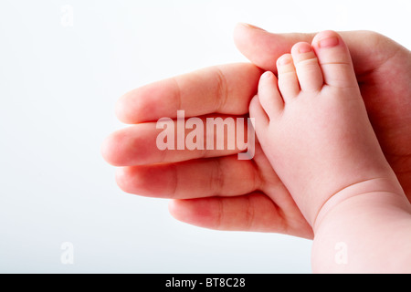 Foto di baby calcio sulla sua madre palm in isolamento Foto Stock