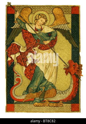 San Michele Arcangelo calpestare Satana, Lucifero, il diavolo. Woodblock stampa edizione 1885 Geschichte der Deutschen Kunst v.1 Foto Stock