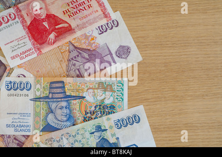 L'Europa, Islanda. Valuta locale. 500, 1.000 e 5.000 Kronur islandese fatture. Foto Stock