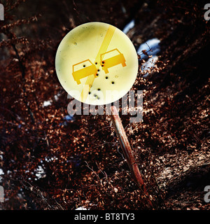 Vecchio arrugginito cartello stradale con fori di proiettile Foto Stock