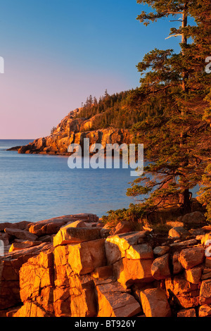 Primi raggi di alba lungo la lontra scogliere nel Parco Nazionale di Acadia, Maine, Stati Uniti d'America Foto Stock