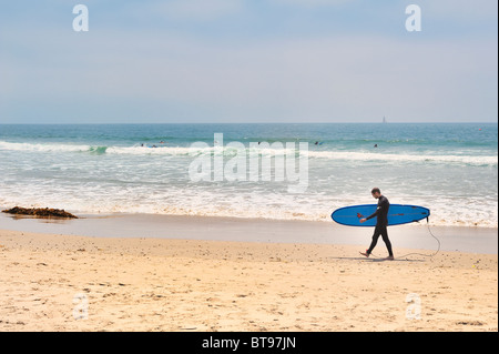 Surf USA : Maschio surfer vista profilo passeggiate sulla spiaggia di Venice, Los Angeles, California, indossa una muta blu che trasportano le tavole da surf Foto Stock
