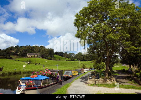 Ormeggiate imbarcazioni strette su Leeds Liverpool canal a Foulridge, Lancashire Foto Stock