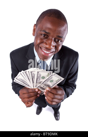 Successo e facoltoso imprenditore africani che vi mostra i soldi (isolato su bianco) Foto Stock