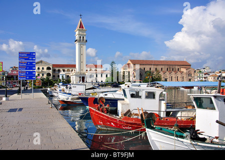 Vista porto veneziano che mostra il Campanile, Zante, Zante, Isole Ionie, Grecia Foto Stock