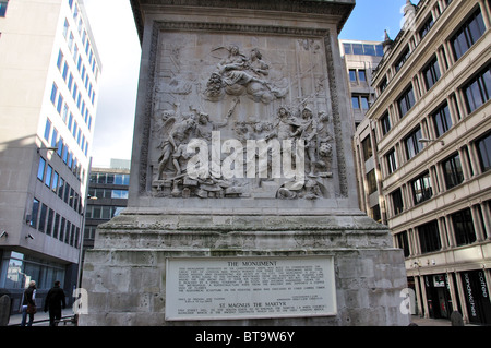 " Il Grande Incendio di Londra' iscrizione sul monumento torre, City of London, Greater London, England, Regno Unito Foto Stock