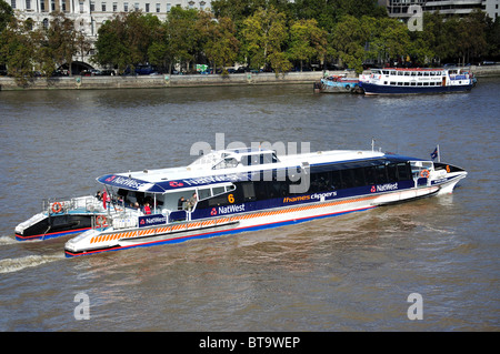 Meteor Clipper Thames barca, Waterloo, London Borough di Lambeth, Greater London, England, Regno Unito Foto Stock