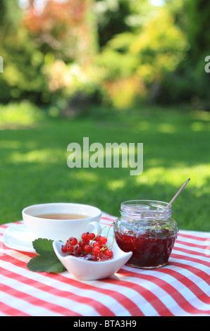 Vaso di rosso confettura di ribes e tè in giardino Foto Stock