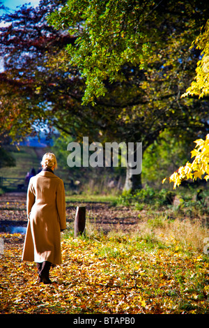 Donna che cammina in COUNTRY PARK IN OTTOBRE indossando un caldo cappotto e stivali Foto Stock