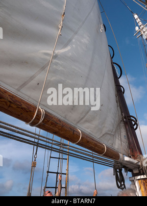 Passeggeri contribuendo a issare la vela sulla nave a vela la goletta Appledore off Key West in Florida USA Foto Stock