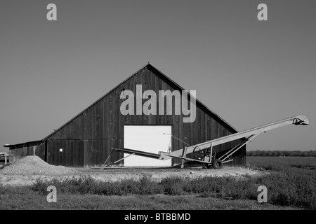 Un vecchio fienile con una nuova porta e un trasportatore di fronte in Modesto California Foto Stock