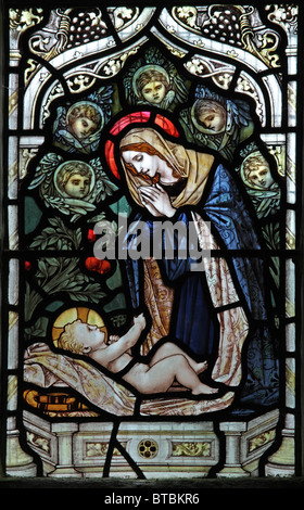 Una vetrata raffigurante la Natività, la Chiesa Parrocchiale di Santa Maria, Luxborough, Somerset Foto Stock