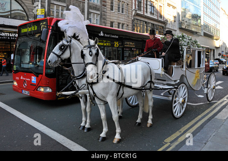 Coppia di cavalli bianchi e carrello di nozze Foto Stock