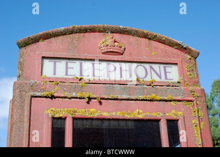 Sbiadito vecchio telefono rosso scatola con moss licheni crescono su di esso. Foto Stock