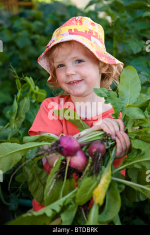 Il Toddler girl sorregge un mazzetto di cresciuto in casa ravanelli fresco del giardino, Anchorage, centromeridionale Alaska, estate Foto Stock