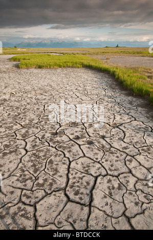 Vista di secche e screpolate fanghi di marea nei pressi di Campbell Creek nell'Anchorage Coastal Wildlife Refuge, Anchorage in Alaska, Foto Stock