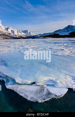 Vento Sastrugi creste intagliate nel manto nevoso congelati Phelan Creek a fianco del Richardson Highway, Alaska Range, Alaska Foto Stock