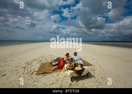 Giovane godendo picnic sulla spiaggia Sulla spiaggia deserta Foto Stock