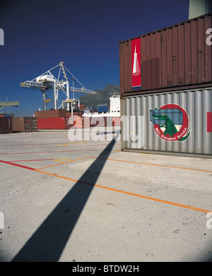 Contenitori essendo spento caricato sul molo di Cape Town Harbour Foto Stock