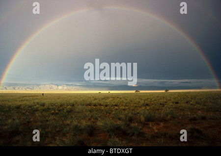 Completo di 180 grado arcobaleno, la colata di una striscia di luce del sole sulle pianure erbose del Kaokoland Foto Stock