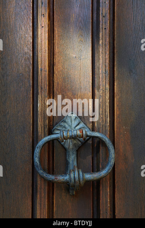 Porta in ottone respingente sulla porta di legno Foto Stock