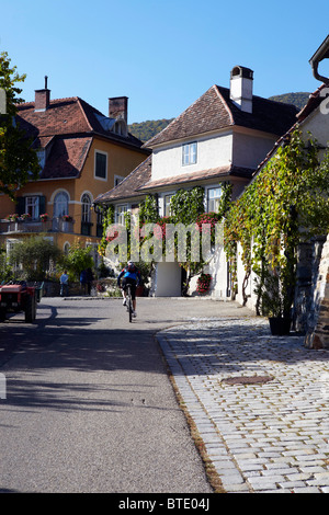 Bicicletta Equitazione, vecchia casa di terracotta, Wachau, Austria Foto Stock