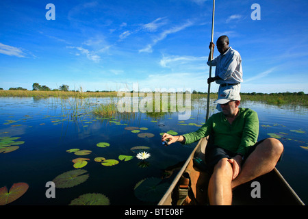 Turisti in un viaggio mokoro nell'Okavango Foto Stock