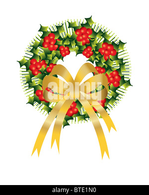 Ghirlanda di Natale decorate con agrifoglio bacche e un grande arco d oro su sfondo bianco Foto Stock