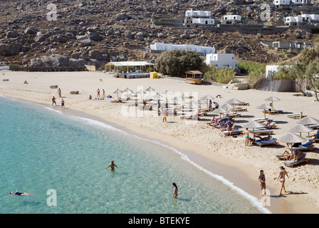 Super Paradise Beach, Mykonos Isola, Cicladi Grecia Foto Stock