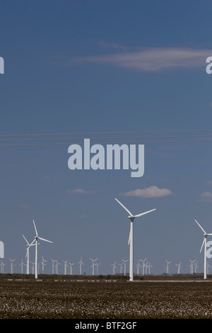 Città del Colorado, Texas - turbine eoliche in un campo di cotone in Texas occidentale. Foto Stock