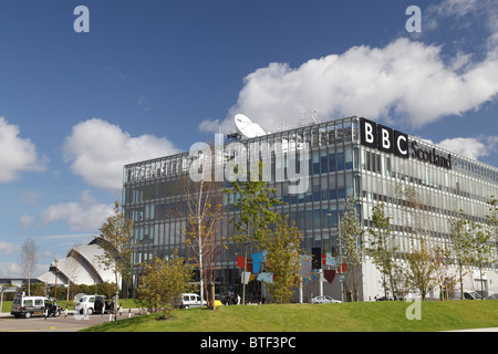 La sede centrale della BBC Scotland si trova sul Pacific Quay a Glasgow, Scozia, Regno Unito Foto Stock