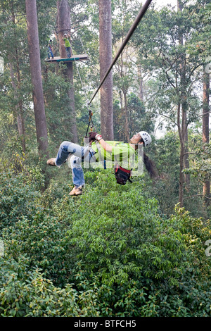 L uomo che si divertono sull ziplines a canopy tour a Chiang Mai area della Thailandia. Foto Stock