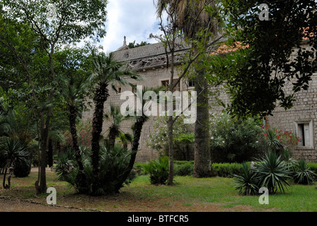 Una bella vista del giardino del chiostro del monastero benedettino complesso dell'isola di Lokrum. Il complesso consiste di ... Foto Stock