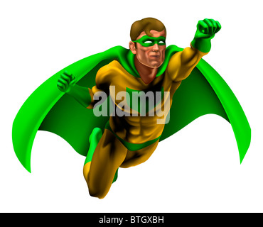 Illustrazione di un supereroe incredibile vestito in giallo e verde con costume cape volare attraverso l'aria Foto Stock