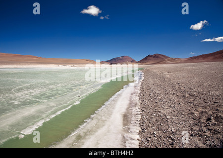 Vista sulla laguna gelata Quepiaco nel deserto di Atacama, Cile Foto Stock