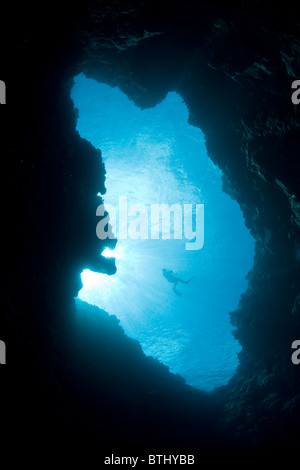 Un snorkeler galleggianti in corrispondenza della parte superiore di un buco blu che si è sviluppata sulla barriera corallina di Palau. Palau, Micronesia, Oceano Pacifico. Foto Stock