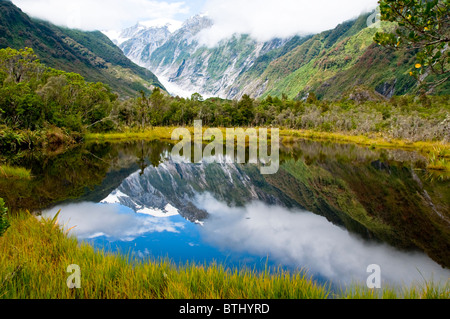 Franz Joseph Glacier,Peters Pool,riflessioni del ghiacciaio,Douglas via,Isola del Sud,Nuova Zelanda Foto Stock