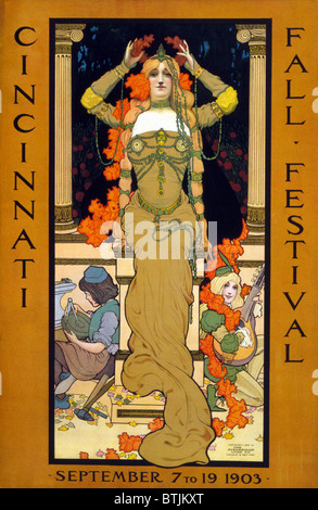 Poster per i Cincinnati Fall Festival, che mostra una donna seduta su un piedistallo ponendo una corona sul suo capo e indossando art nouveau, gioielli di Stanley Thomas Clough, 7 settembre, 19, 1903. Foto Stock
