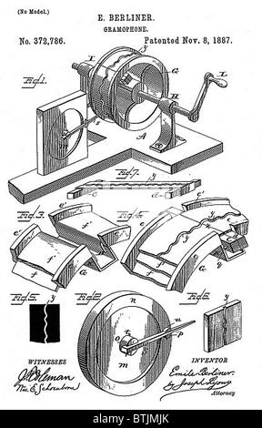Inizio registrazione dispositivo: il Berliner grammofono schema di brevetto, 1887. Foto Stock