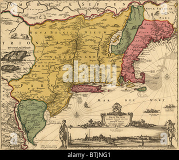 Xvii secolo mappa della terra che divenne la Nuova Inghilterra, New Jersey e New York. Mappa include una vista di New Amsterdam, più tardi la città di New York, nel 1685, quando era sotto il controllo Olandese. Sulla sinistra si trova un insediamento Irochese con longhouses. Foto Stock